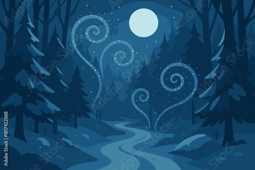 Glowing swirling faintly forming moonlit illustration snow path vector through rhythm frosted
