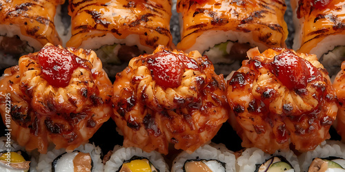 Close-up sushi rolls with orange topping and tiger-striped pattern