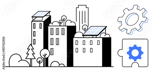 Solar panels on eco-friendly buildings with trees, gear, and puzzle piece representing collaboration, innovation, and technology. Ideal for sustainability, energy, environment, urban planning