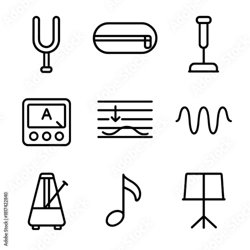 Music icons set featuring tuning forks, notes, and metronomes on gray background
