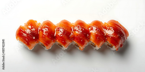 Glossy orange-glazed sushi rolls on white surface