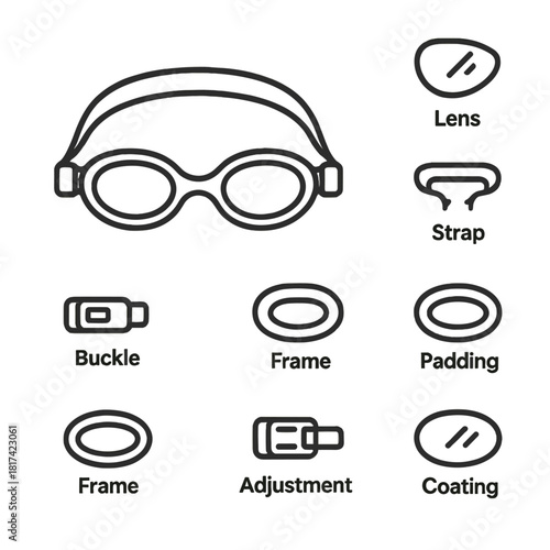 Diagram of swim goggles with parts: lens, strap, buckle, frame, padding