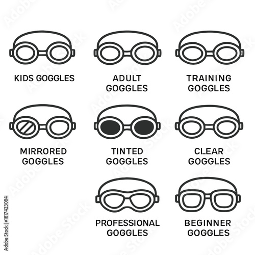 Various types of swim goggles for kids, adults, training, and more