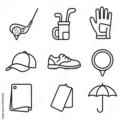 Minimalist golf equipment icons: clubs, balls, gloves, and accessories