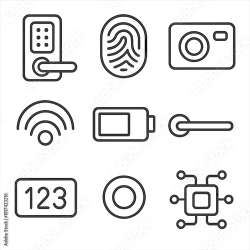 Modern smart technology icons in minimalistic line art on gray background
