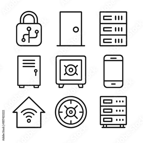 Security and connectivity icons: lock, safe, smartphone, server, wifi