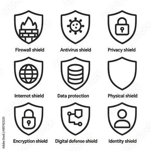 Cybersecurity shields and icons for digital protection and data privacy