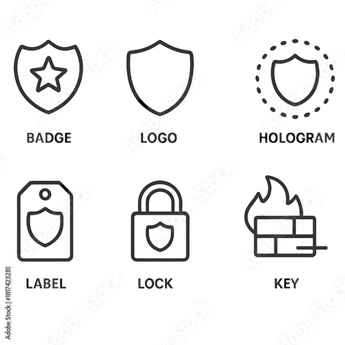 Set of security icons: badge, logo, hologram, label, lock, key