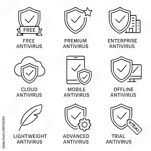 Comprehensive antivirus icons representing free, premium, enterprise, and more options