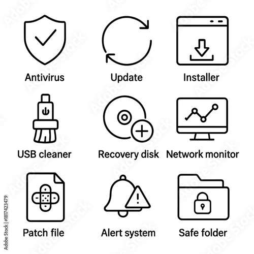Essential computer software icons: antivirus, update, installer, usb cleaner, more