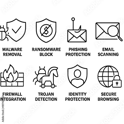 Cybersecurity icons: ransomware, phishing, trojan detection, identity protection