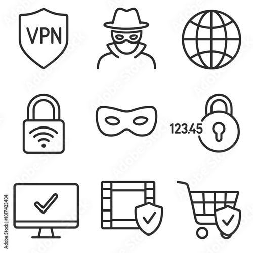 Cybersecurity icons: vpn, hacker, secure shopping, lock, globe, mask, checkmark