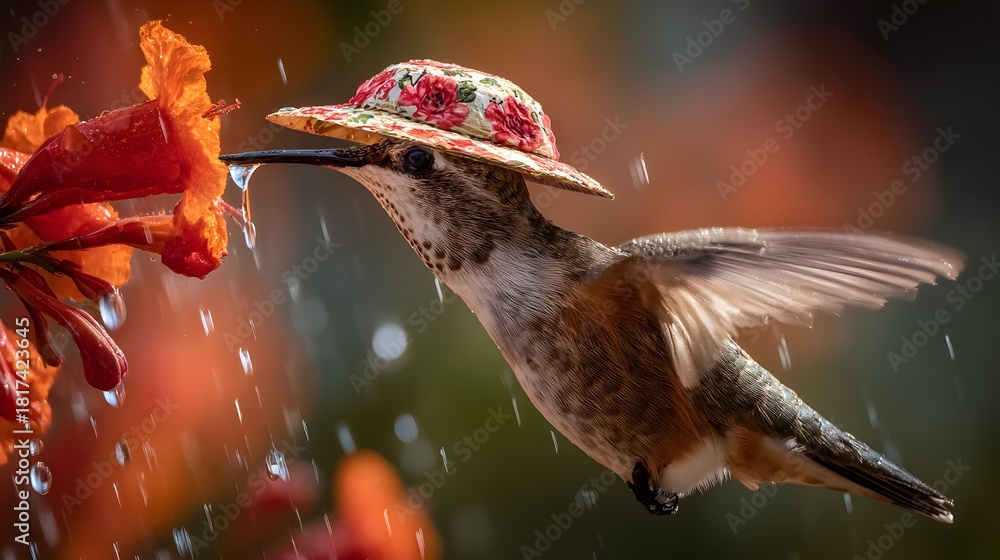 Obraz premium Hummingbird with a tiny hat sips nectar from a vibrant orange flower in a garden.