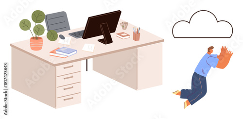 Office desk with laptop, books, and stationery on one side a person interacts with a cloud on the other. Ideal for cloud storage, remote work, collaboration, technology, innovation, data transfer