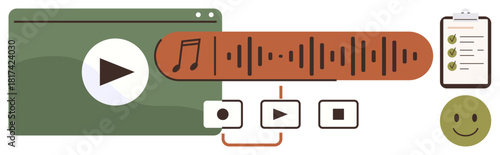 Media player with play button, audio waveform, control icons, checklist, and happy face. Ideal for content creation, podcasting, streaming, multimedia user experience sound editing simple flat