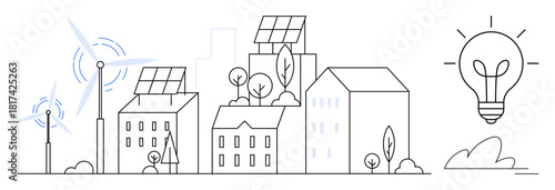 Urban landscape with buildings featuring solar panels, wind turbines, and trees symbolizing sustainable living. Ideal for sustainability, green energy, innovation, eco-awareness, urban planning