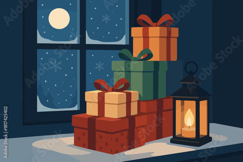 Santa window beside presents moonlight near illustration s lantern outside snowflakes gift