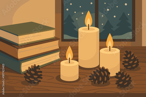 Winter table candles sense vector cozy books serenity creating light candle illustration