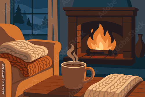 Retreat winter illustration atmosphere vector blankets soft illuminating knitted cozy fireplace from