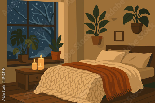 Candles illustration thick window winter cozy potted light bedroom interior retreat vector