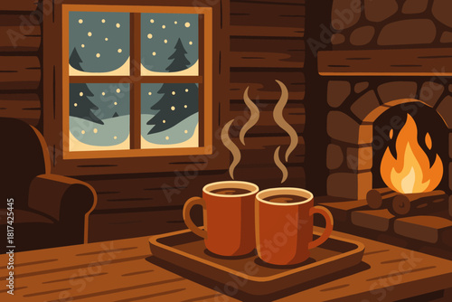 Mugs cocoa through rustic emphasizing retreat cabin cozy frosted peace vector illustration