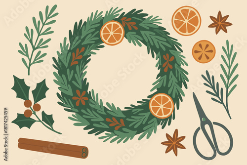 Lay christmas craft illustration creative wreath soft neatly scissors greenery flat vector