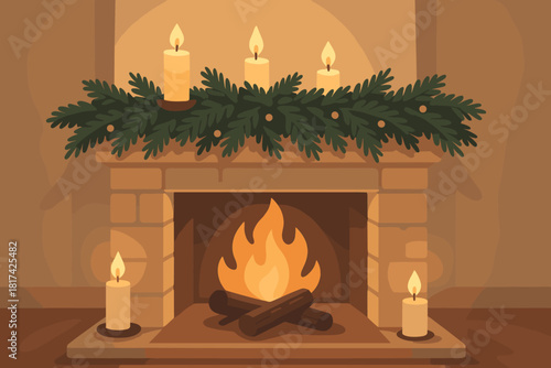 Shadows branches hearth evening cozy soft holiday gentle illustration decorated fireplace vector