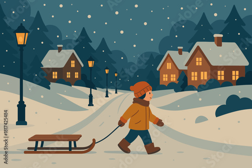 Adventure lanterns illustration cozy winter sled down warmly glowing vector snowy joyful