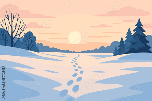 Low winter vector pathway sun pink tinted footprint illustration distance into panoramic
