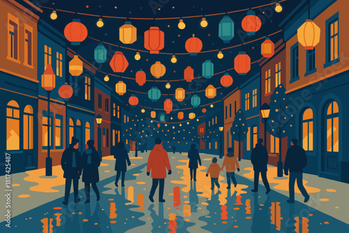 Festive city snow street lights creating illustration strolling people vector bulbs