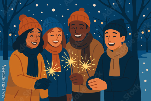 Vector glowing night winter group against snowy illuminated illustration sparkling lighting