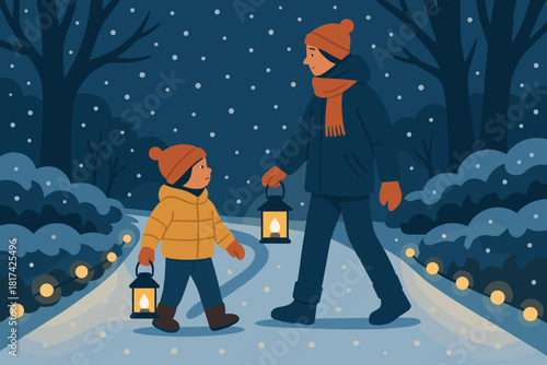 Illustration path lights lantern child stroll vector park winter snow holding glowing