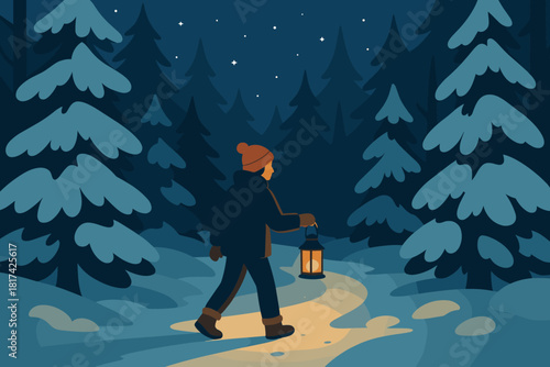Balance vector night trail winter magic softly walking illustration solitude
