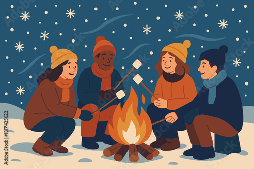 Winter illustration fire around marshmallow vector marshmallows shared roasting delight outdoor cold