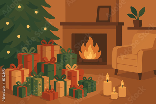 Glow space vector softly flickering tree warmth pile wrapped holiday cozy illustration