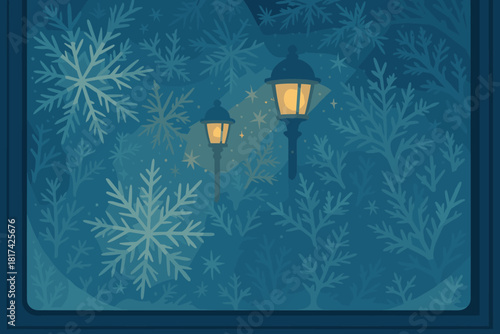 Vector streetlights frosty window shining geometry softly winter magic illustration expressing
