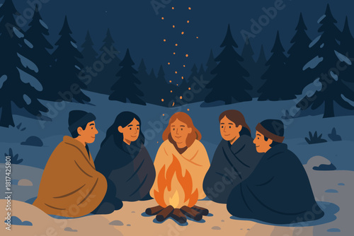 Winter group into campfire rising forest night glowing clearing gathering vector illustration