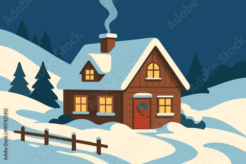 Vector hillside snowy illustration lazily upward nestled deep into near smoke cottage