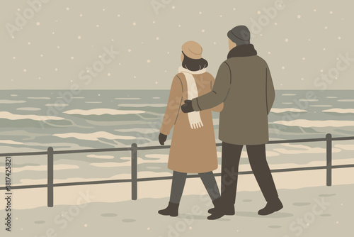 Seaside promenade quietness over waves along poetic winter illustration palette serenity muted