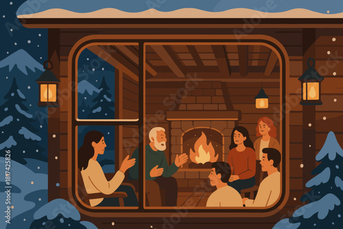 Mountain lanterns gathering mood vector glowing stories tranquil illustration completing cozy cabin