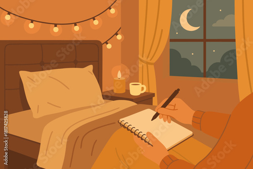 Year warm scene resolutions lights new bedroom optimism filled peaceful vector writing