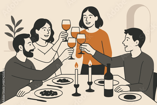 Warm minimalist illustration showing clinking vector dinner accents connection festive modern
