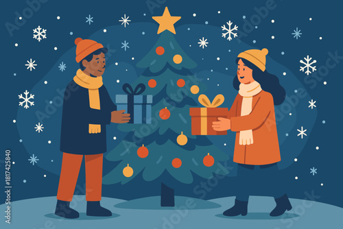 Wrapped outdoor vector tree festive decorated exchanging near ornaments gift exchange illustration