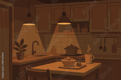 Atmosphere evening glowing lights illustration kitchen cozy textures vector over pendant balance