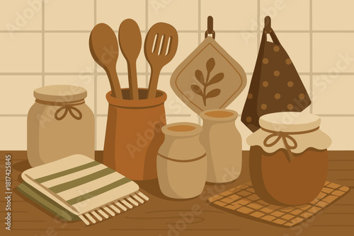 Illustration celebrating textiles elements kitchen simplicity tones wooden charm vector arranged neatly