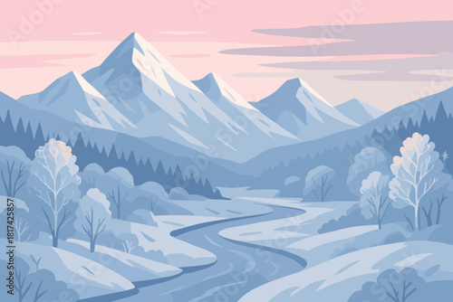 Dawn frosty vector winding blending illustration frost sky covered pink mountain silver