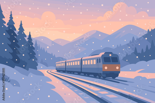 Morning glow train slowly rhythm calm snowy clouds vector illustration rails soft