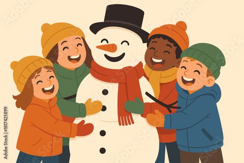 Hug snowman mittens illustration cheerful moment vector hugging colorful children clothes joyful