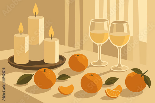 Vector curtains oranges glasses illustration charm sunlight tablecloth new dinner through peaceful