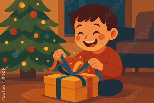 Filled gift holiday present glowing lights room illustration under opening vector unwrapping